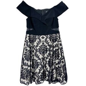 Xscape Fit & Flare Dress Womens 14W Off Shoulder Lace Black Beige Cocktail Party